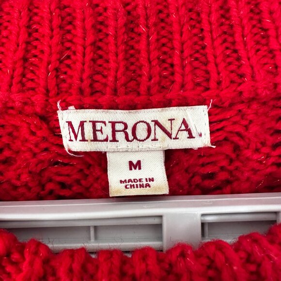 MERONA WOMEN'S PULLOVER SWEATER RED MIXED CABLE KINT CREW NECK SIZE M (MEDIUM ) - Picture 2 of 8